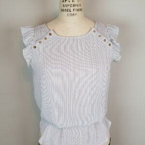Ann Taylor LOFT Navy Blue Pinstripe White Blouse with Gold Button Detail